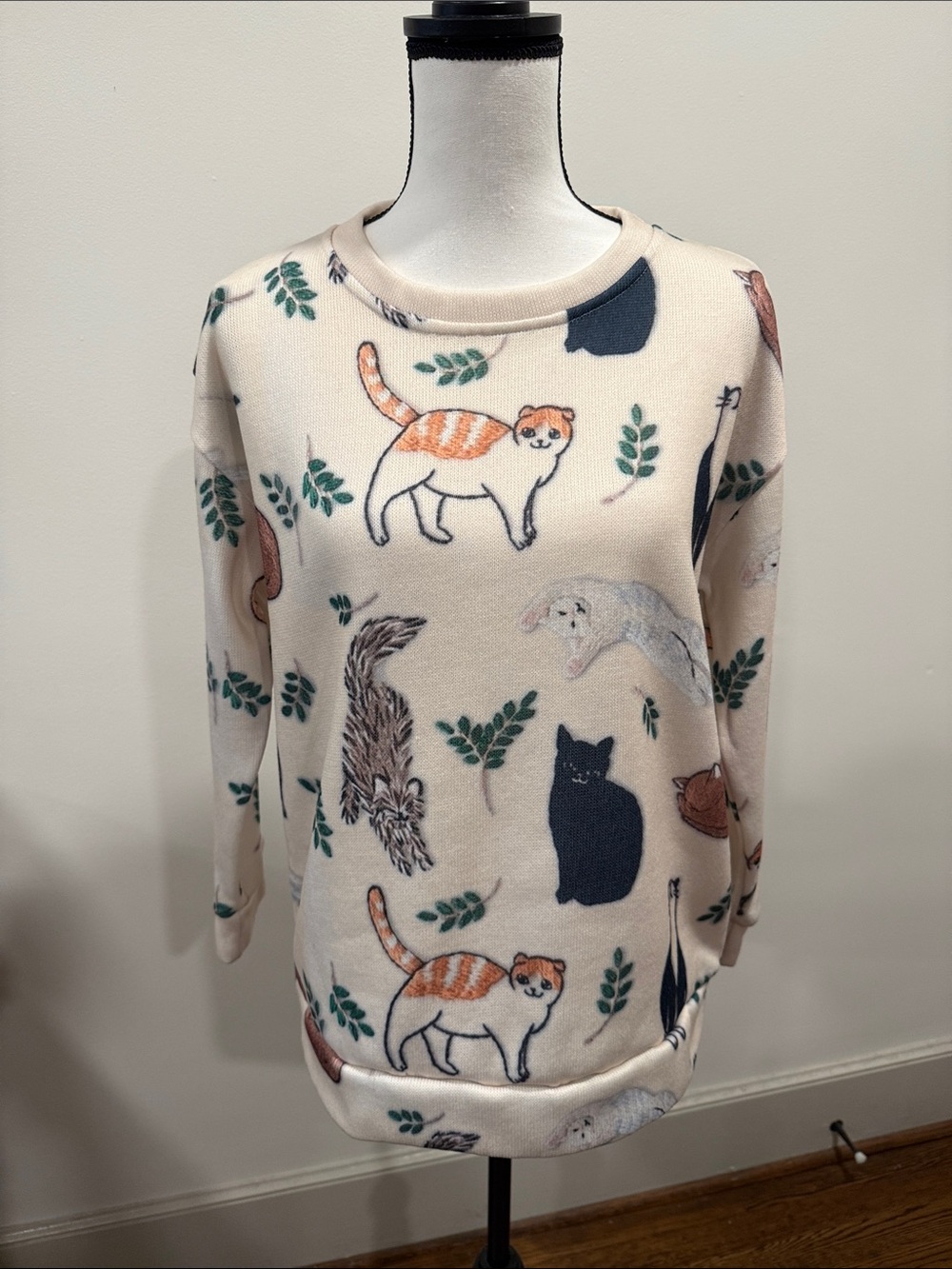 Cozy Cream Cat Print Lightweight Pullover Sweatshirt Sz Large